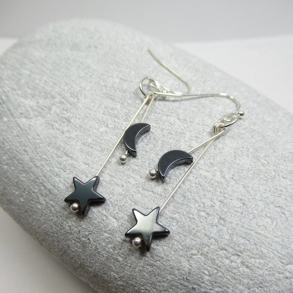 Hematite Star and Moon Earrings - Picture 1 of 7